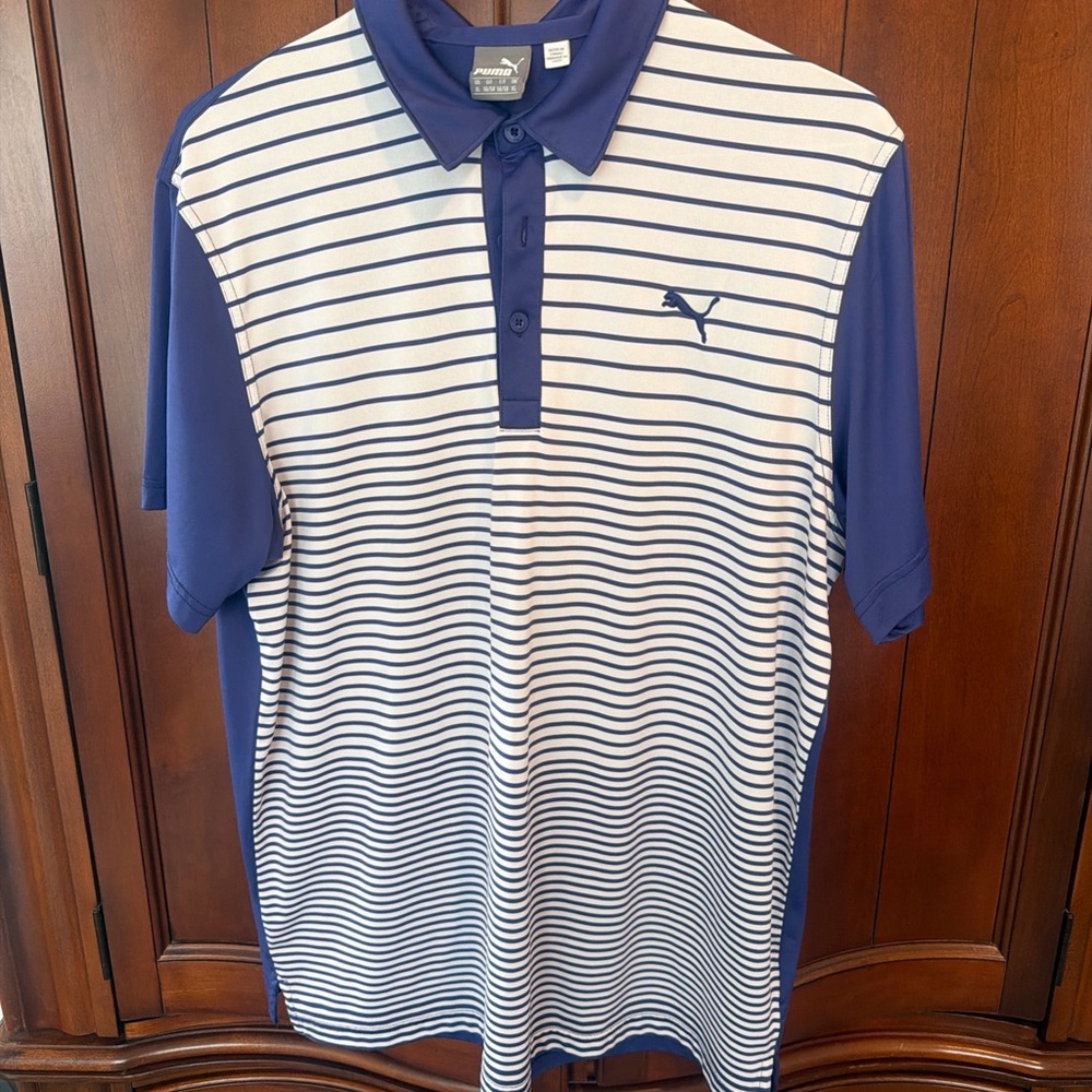 Puma Men's Navy and White Striped Polo